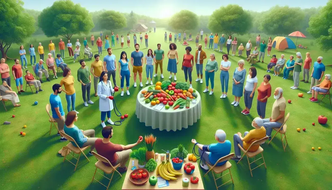 Grupo diverso participando en taller de nutrición al aire libre con mesa de frutas y verduras, mientras un hombre toma la presión arterial a un anciano.