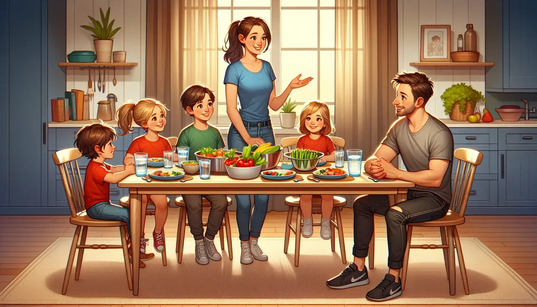 Escena familiar en comedor con mesa de madera, platos de comida coloridos, mujer sonriente con bandeja de vegetales y hombre y niños atentos, ambiente cálido.