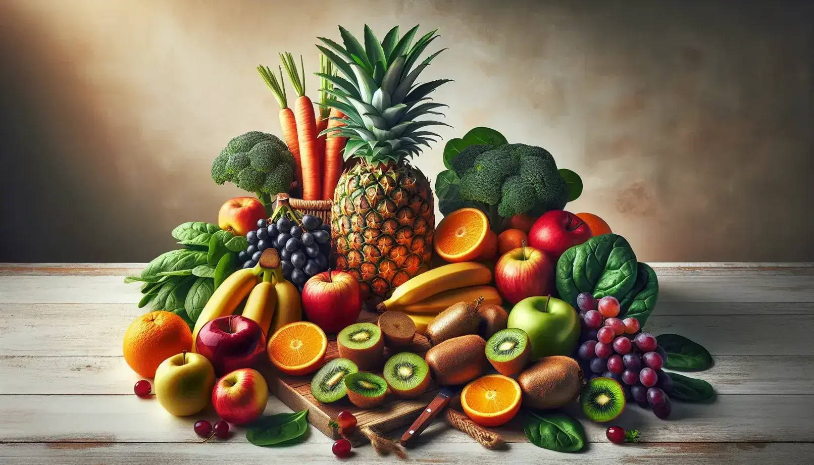 Variedad de frutas y verduras frescas sobre superficie de madera clara, con piña central, manzanas, bananas, uvas, naranjas, kiwis, zanahorias y espinacas, iluminadas naturalmente.