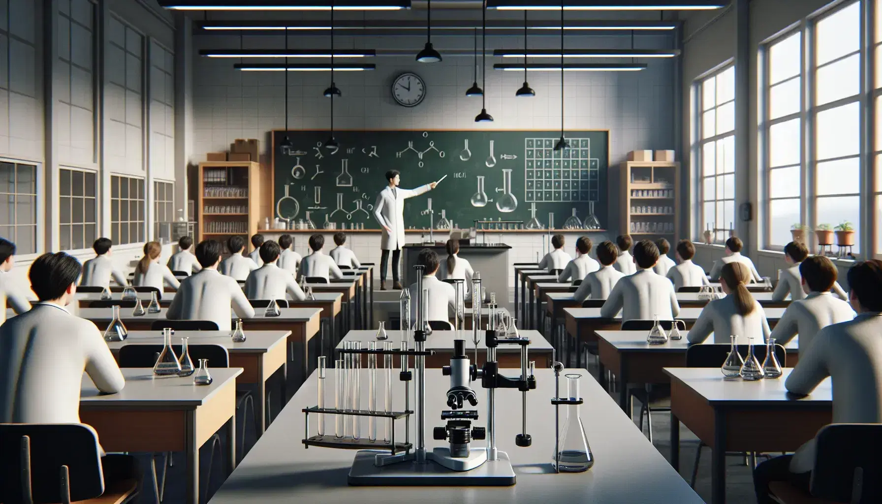 Aula de ciencias con mesas de laboratorio, microscopio, tubos de ensayo y estudiante con bata blanca atendiendo a profesor junto a pizarra verde.