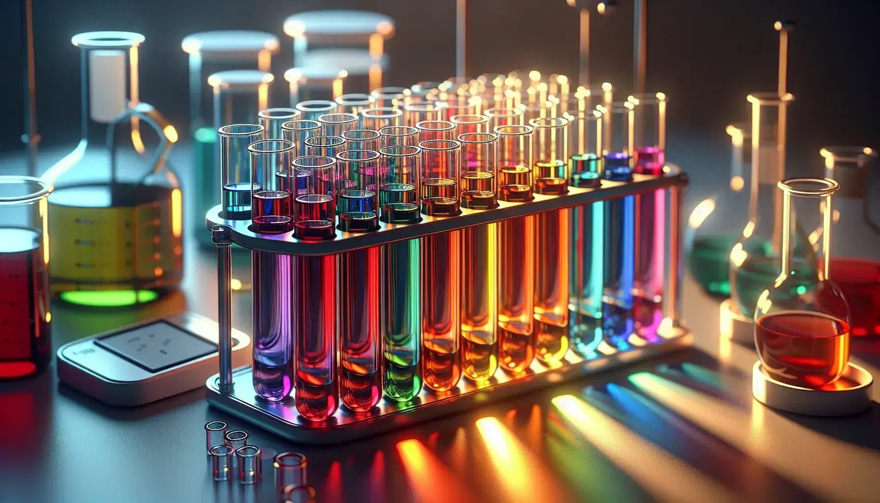 Primer plano de tubos de ensayo de vidrio con líquidos de colores del arcoíris en soporte metálico, con balanza de laboratorio y frascos al fondo.