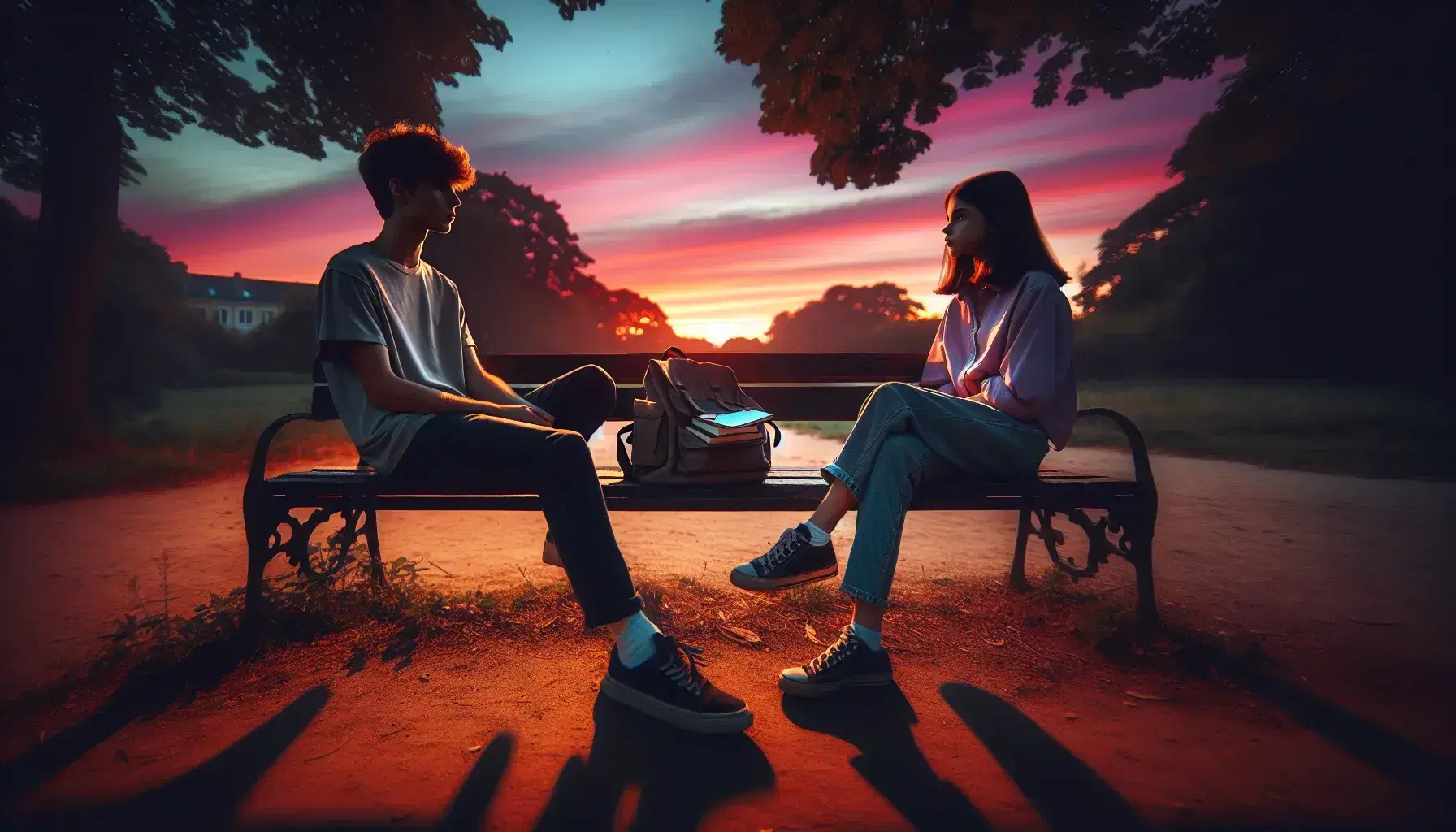 Due adolescenti seduti su una panchina in un parco al tramonto, con cielo rosa e arancione, alberi in silhouette e uno zaino aperto tra loro.