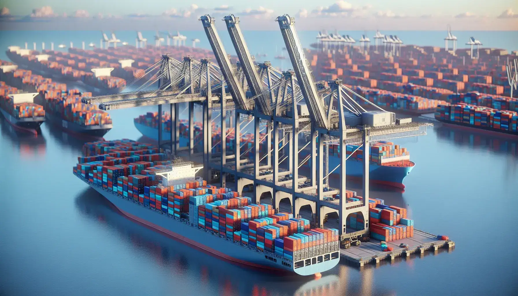 Busy port with stacked colorful containers, giant crane towering over a blue cargo ship, blue sky with scattered clouds and calm water.