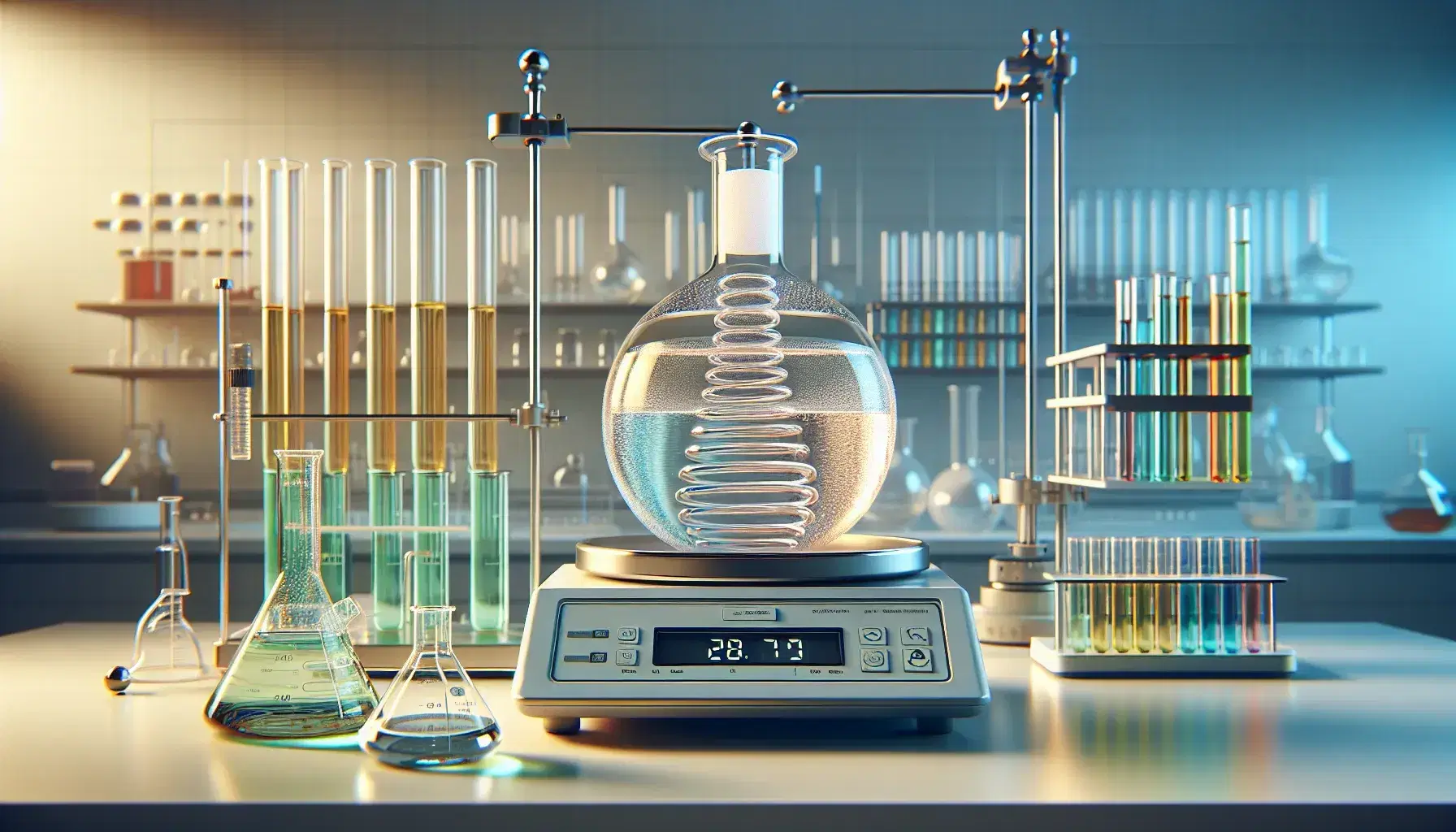 Laboratory setup with a spherical flask connected to a condenser, digital balance with a container, and beakers with colored liquids on a benchtop.