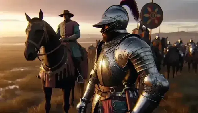 Caballero con armadura plateada y barba junto a su caballo marrón en una llanura al atardecer, con bufón y escudero al fondo.