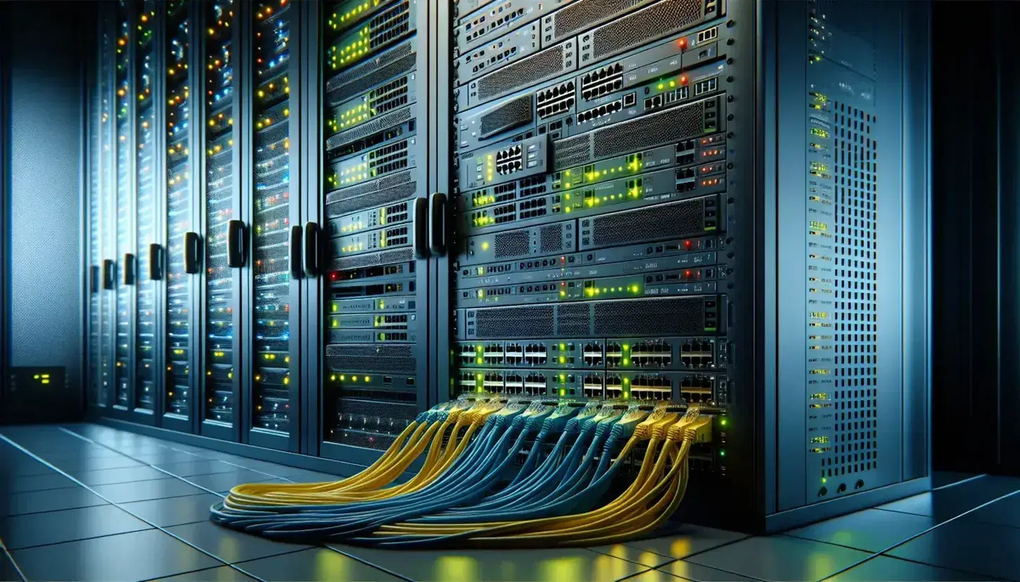 Server room with black server racks and green, yellow and red LED lights, organized colorful Ethernet cables and network switches in the foreground.