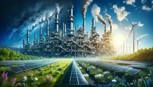 Paesaggio industriale con torri di raffineria e fumo che si fonde nel cielo azzurro, contrastato da prato verde con pannelli solari e turbine eoliche.