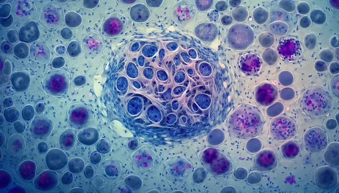 Vista microscópica de células humanas con tinción de laboratorio, destacando una gran célula tipo macrófago rodeada de linfocitos en tonos azules y morados.