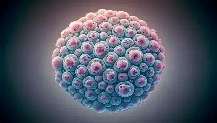 Vista microscópica de tejido celular con núcleos oscuros y citoplasma claro, células bien definidas en tonos rosas, púrpuras y azules.