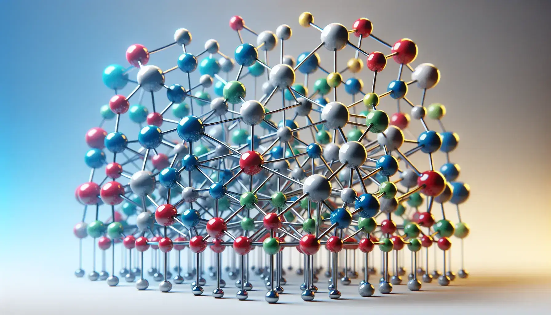 Three-dimensional network of interconnected glossy spheres in red, blue, green, and yellow linked by silver rods, forming a complex lattice on a gradient background.