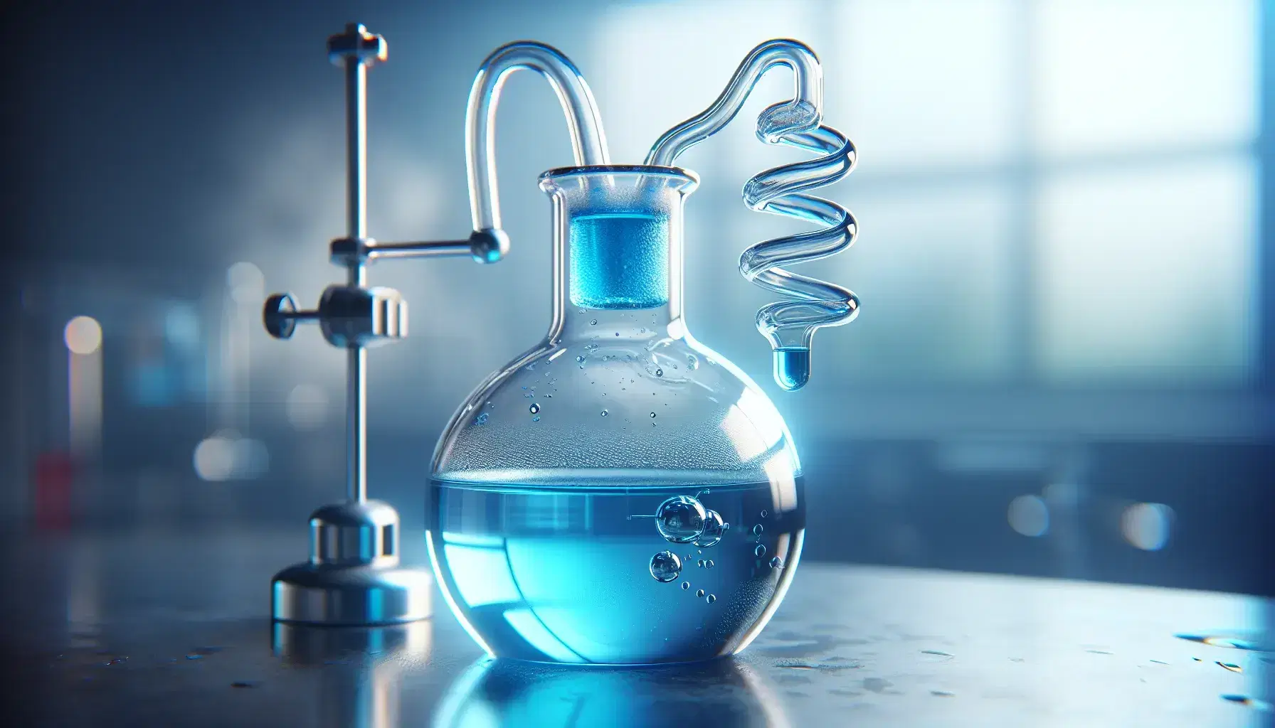 Glass bottle with bright blue liquid on reflective surface and condenser with coiled tube in organic chemistry laboratory.