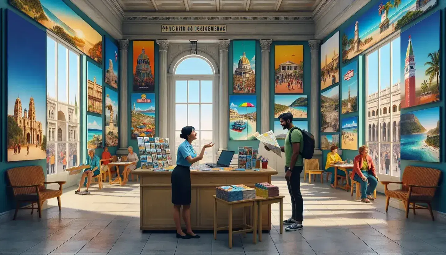 Ufficio turistico con impiegata e visitatore che consultano una mappa, brochure colorate sul banco, poster di attrazioni e vista su piazza vivace.