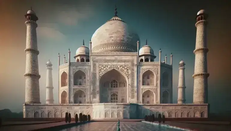 Taj Mahal under clear blue sky, white marble gleaming with main and four smaller domes, intricate inlay work, flanked by minarets, reflected in water canal.
