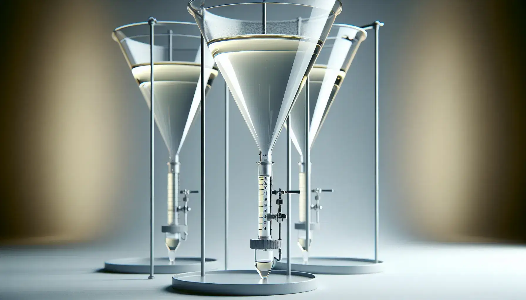 Embudos de separación de vidrio con líquidos inmiscibles en laboratorio, mostrando capas amarilla y transparente, listos para extracción líquido-líquido.