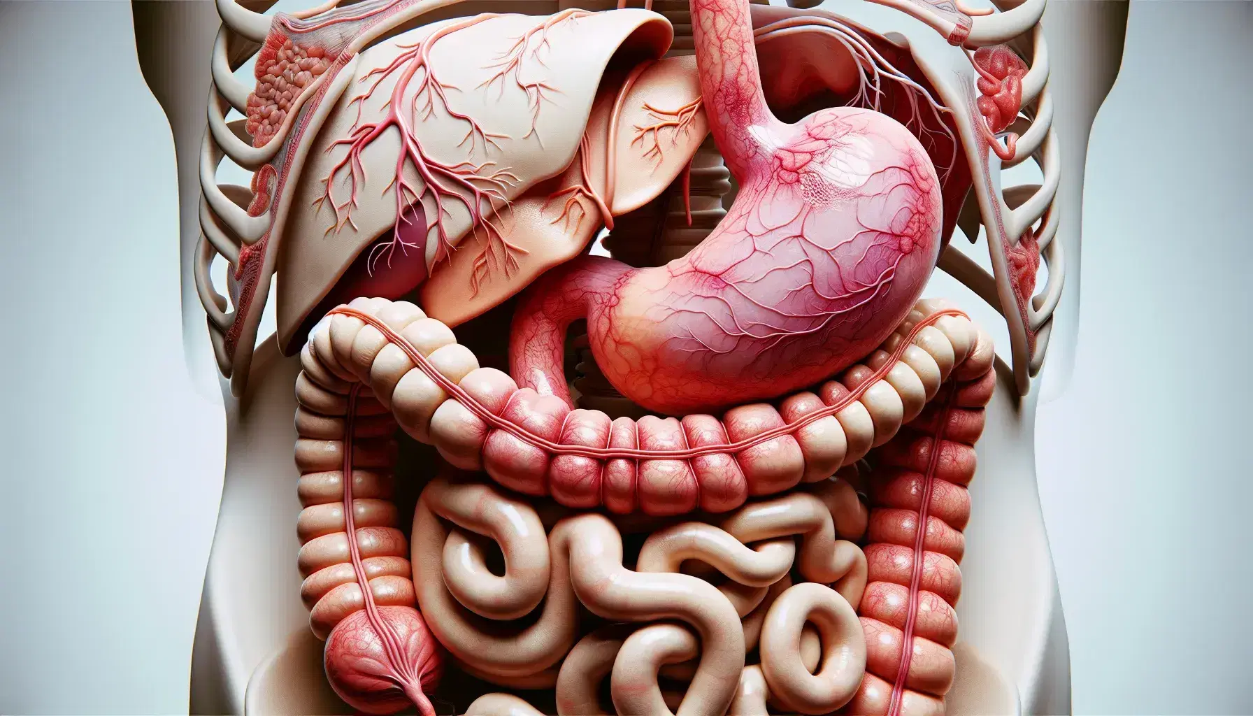 Sistema digestivo humano detallado con estómago en tonos rosas y rojos, esófago superior y intestino delgado inferior en colores claros, sin elementos adicionales.