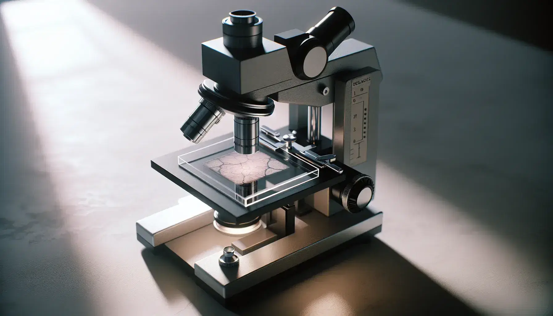 Microscopio óptico de laboratorio con base metálica gris y portaobjetos con muestra de tejido rosa translúcido en primer plano, sobre mesa clara.