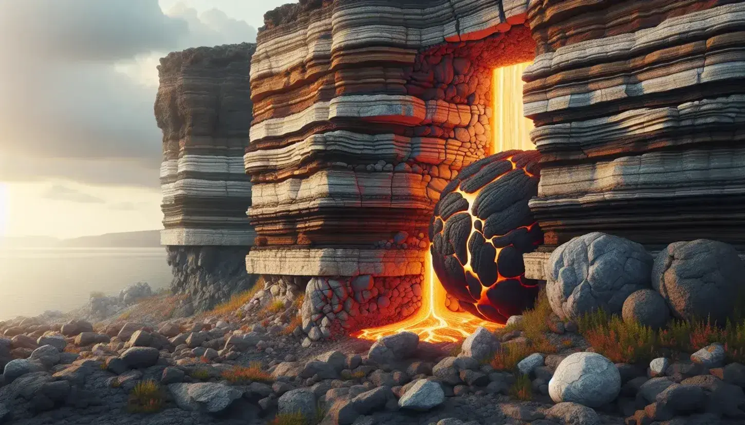 Scena naturale con stratificazione rocciosa su una scogliera, flusso di lava arancione al centro e masso di granito grigio sulla destra.