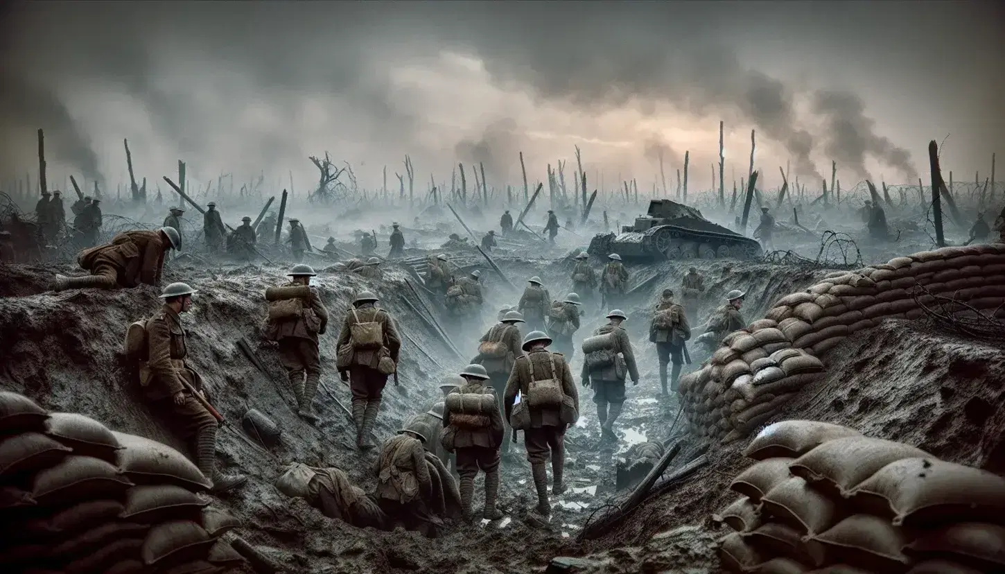 Campo di battaglia della Prima Guerra Mondiale con soldati stanchi che si allontanano da una trincea danneggiata sotto un cielo grigio.