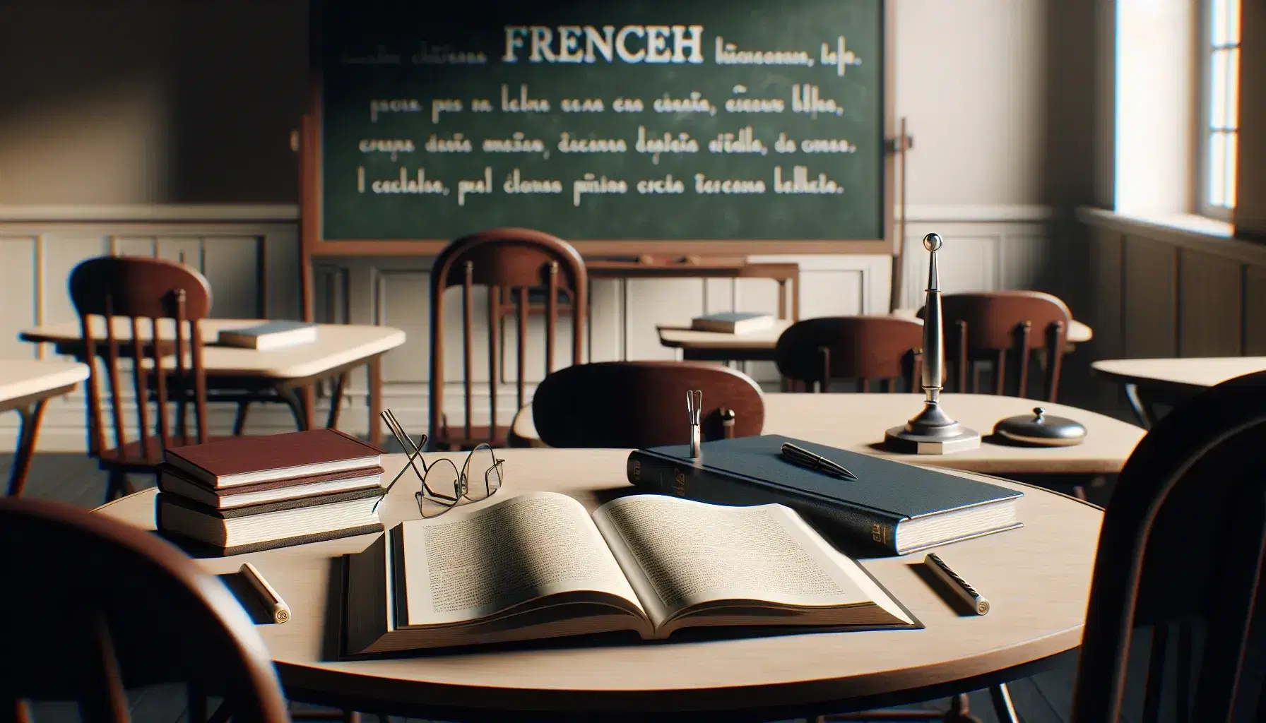 Classroom with French study materials on a round table, including a textbook, notebook, pen, and reading glasses, with a clean chalkboard and a sunny window view.