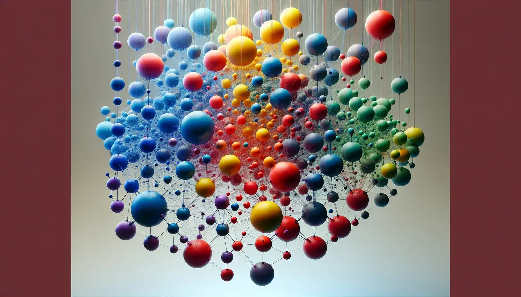 Rete tridimensionale di sfere colorate interconnesse da fili trasparenti su sfondo neutro, con sfere blu, rosse e gialle dominate e tonalità secondarie.