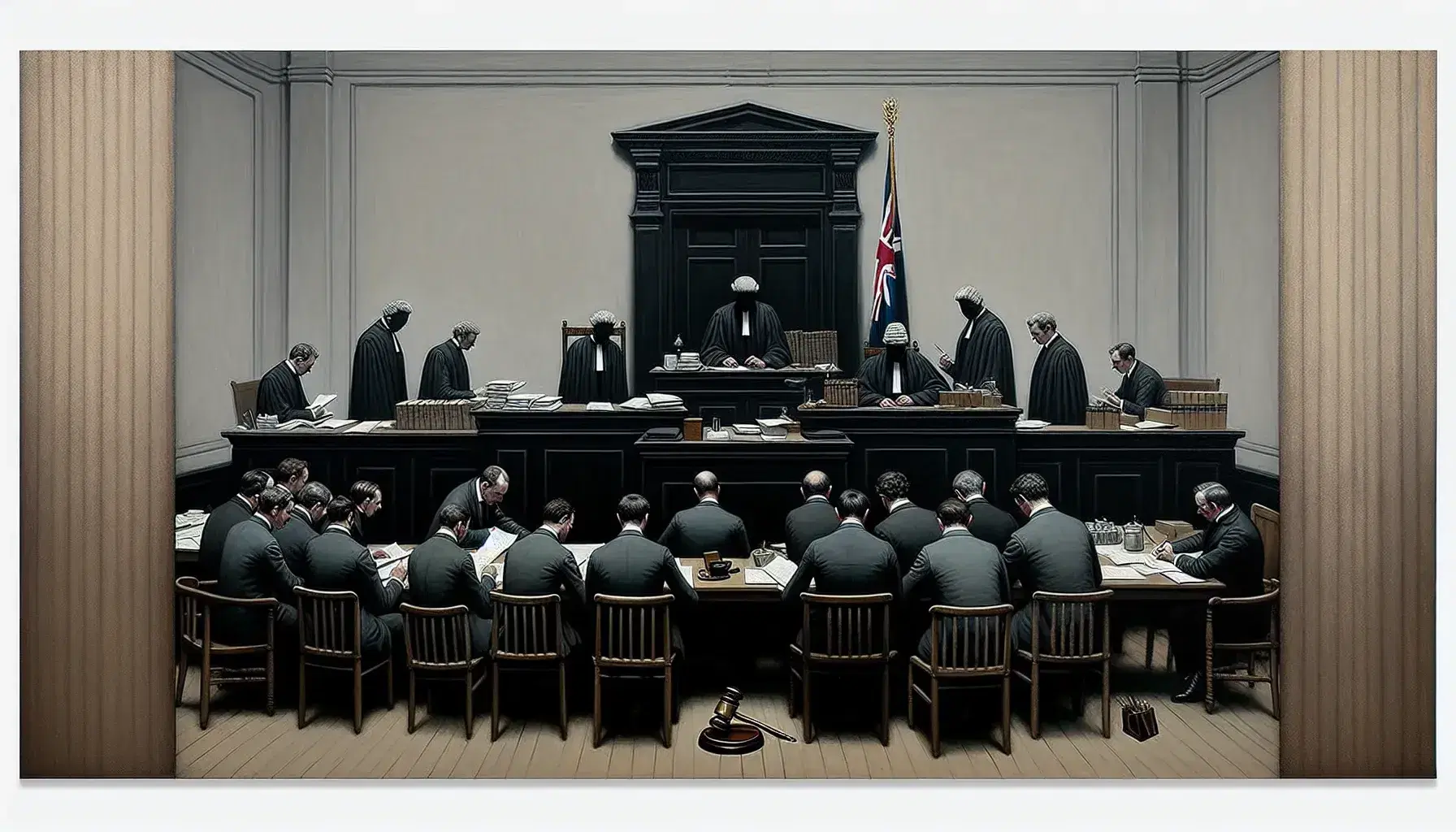 Scena di tribunale con giudice in toga dietro scrivania, persone sedute in attesa e oggetti legati al diritto tributario in primo piano.