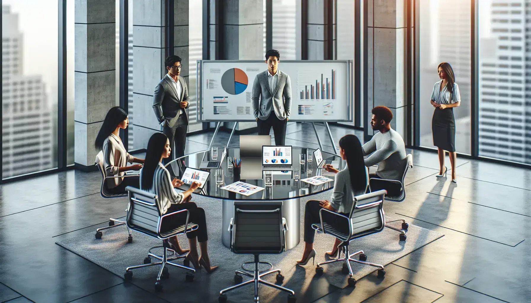 Modern office with diverse marketing team around glass table, laptops displaying charts, digital devices, whiteboard, and large windows illuminating space.
