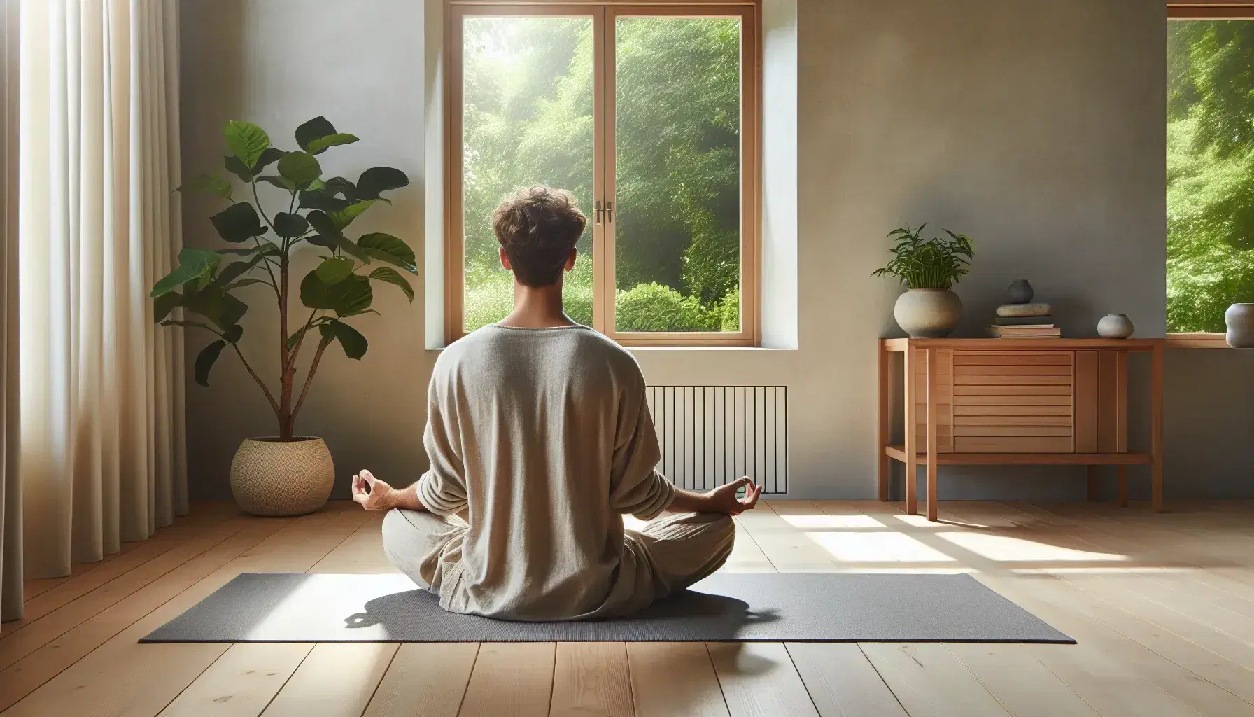 Persona in posizione di meditazione lotus su tappetino in stanza luminosa e minimalista con vista su giardino.