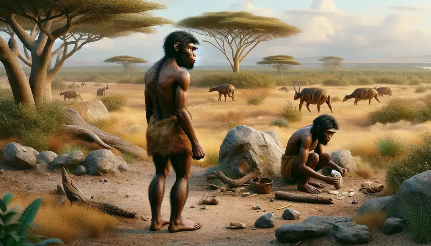 Reconstrucción realista de paisaje prehistórico con Homo erectus y herramientas de piedra en una sabana al atardecer, con fauna en la distancia.