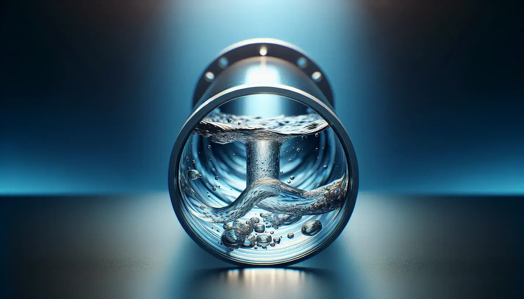 Tubería plástica transparente con agua clara fluyendo y creando remolinos y burbujas, sobre fondo azul claro uniforme.