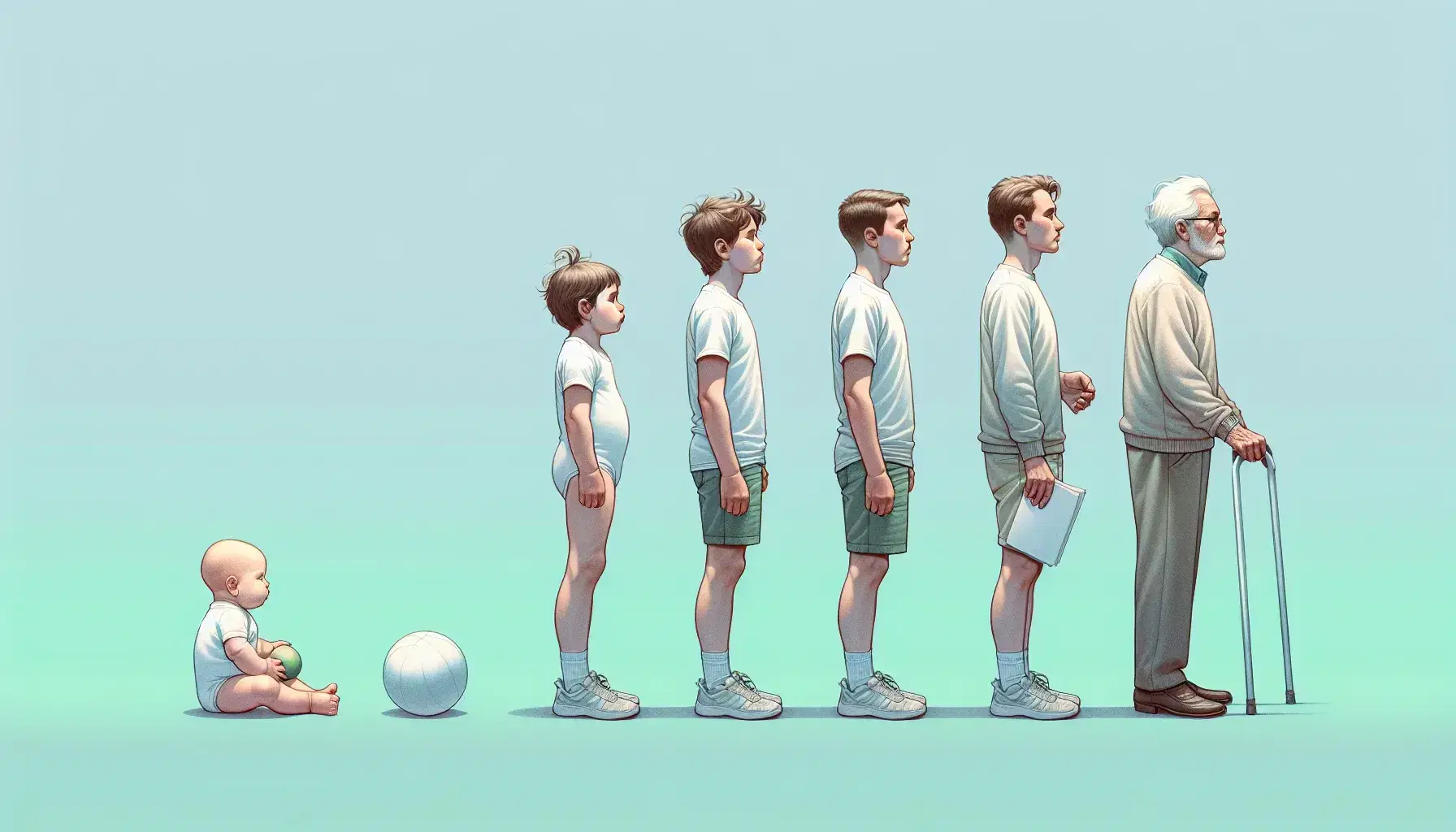 Five stages of human development from baby to elder, with simple clothes and characteristic objects such as ball, backpack and stick.