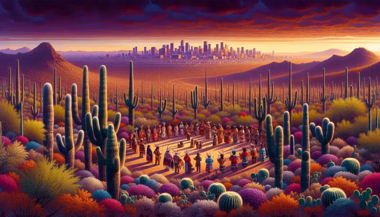 Sonoran desert panorama at sunset with cactus, native ceremony and city skyline in the background under a gradient sky.