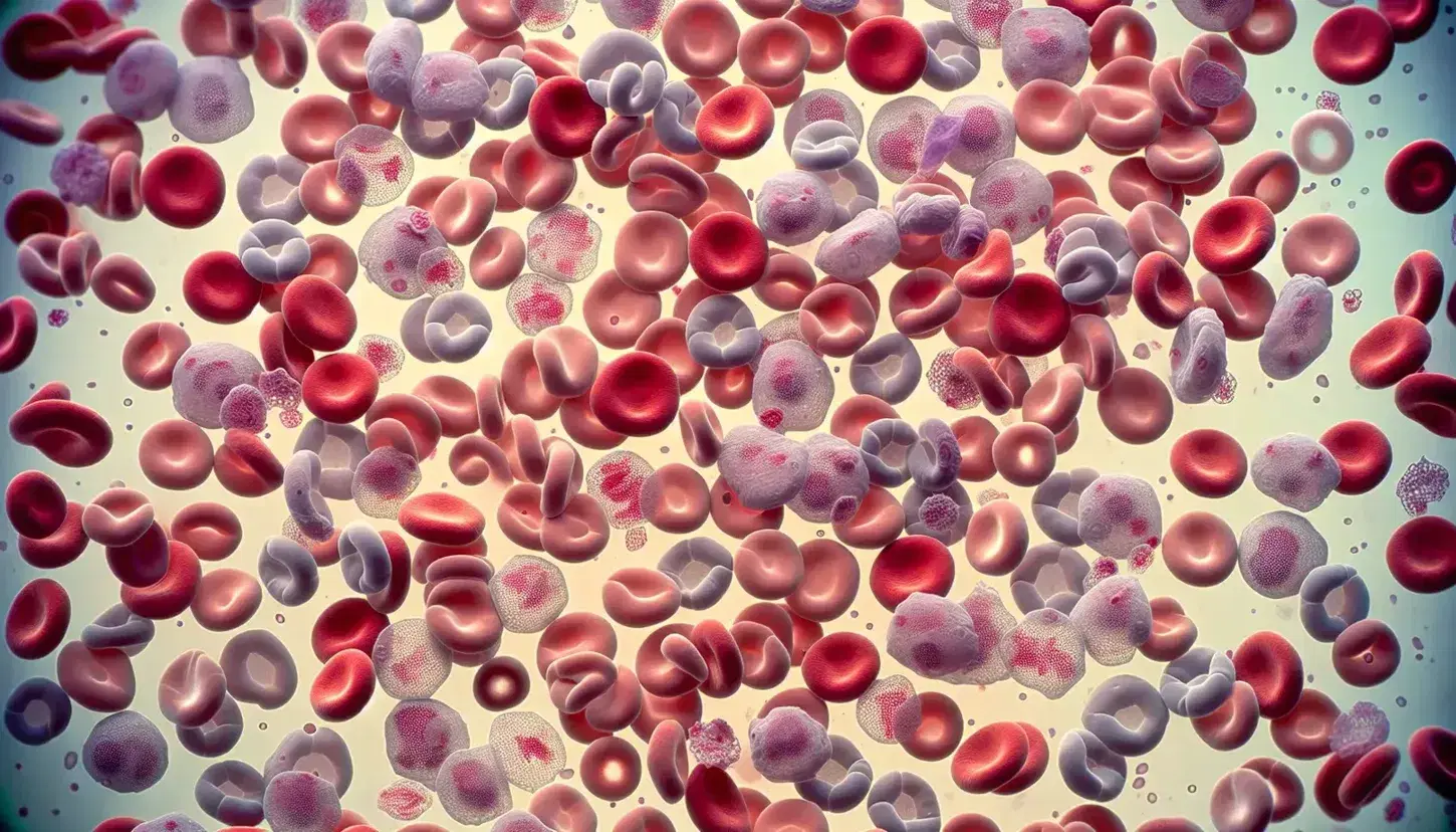 Vista microscópica de una muestra de sangre humana con eritrocitos rojos, leucocitos blancos visibles y plaquetas moradas sobre fondo amarillo pálido.