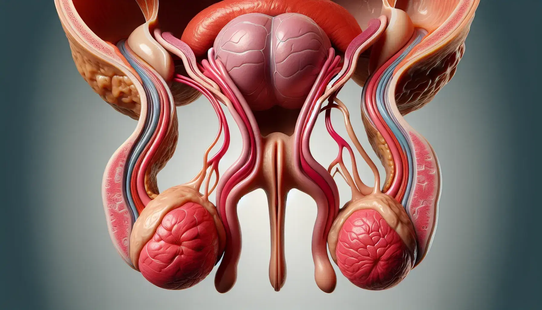 Rappresentazione anatomica dettagliata del sistema riproduttivo maschile umano con testicoli, epididimo, vasi deferenti, vescicole seminali e prostata.