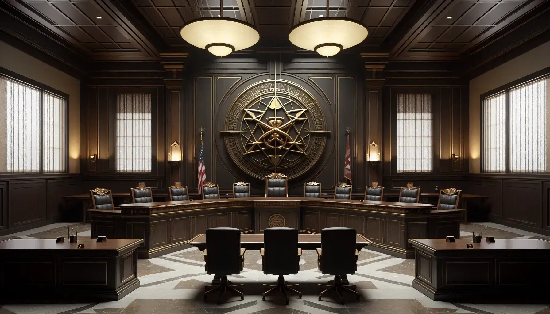 Sala de tribunal con mesa central de madera oscura, silla elevada para juez, mesas laterales para abogados, plataforma con sillas y emblema geométrico en pared.