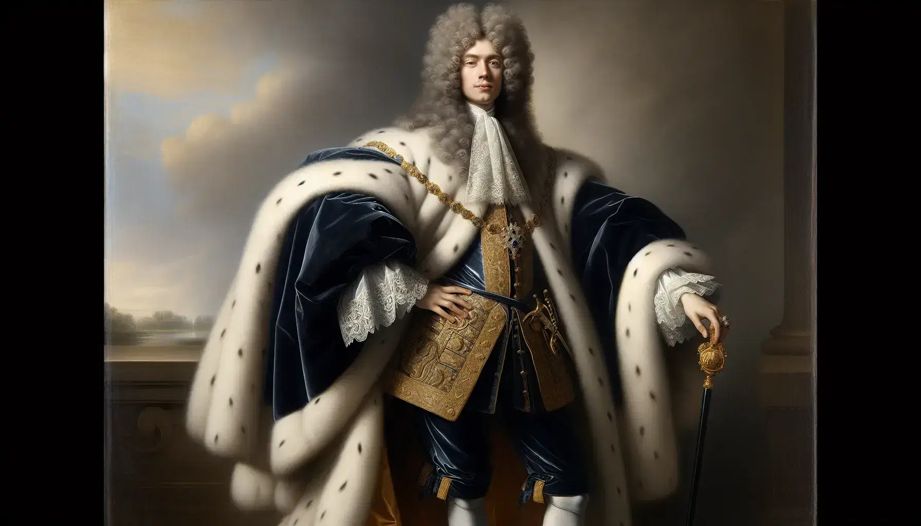 Uomo in abiti regali del XVII secolo con mantello blu velluto, gilet dorato, calze bianche e parrucca grigia, impugna bastone di comando.