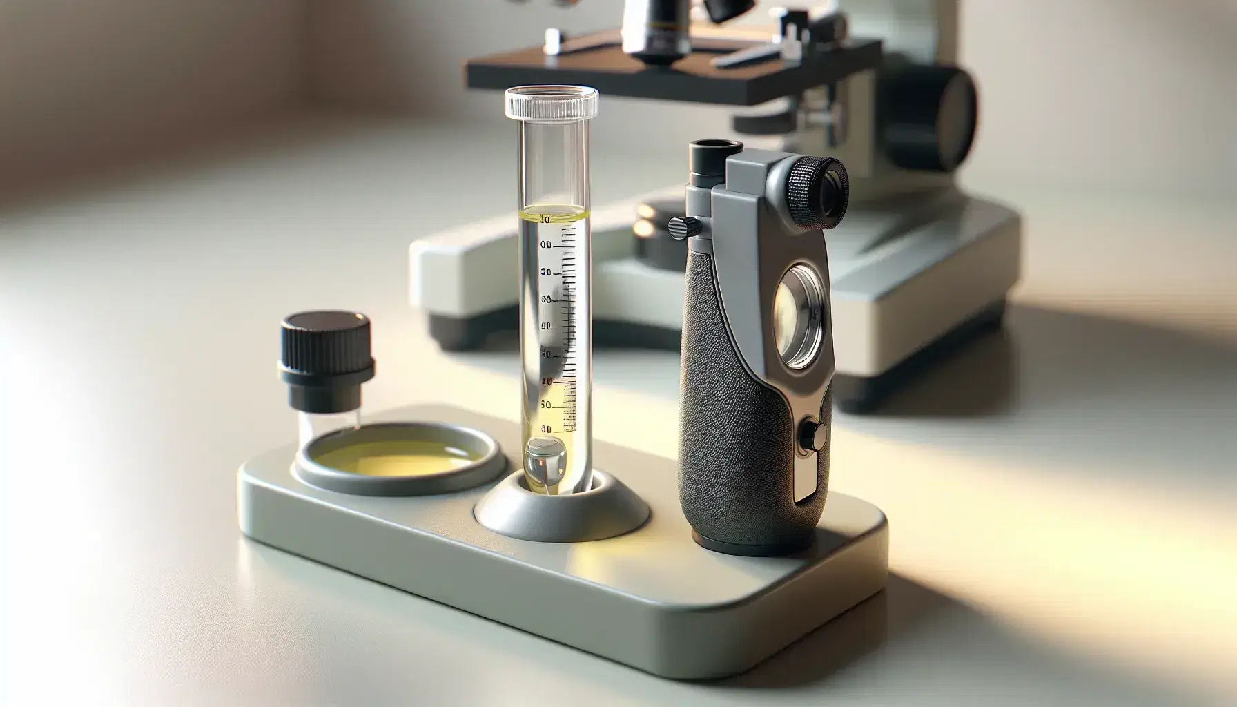 Mesa de laboratorio con refractómetro manual, urinómetro de vidrio y tubo de ensayo con líquido amarillo, junto a un microscopio en segundo plano.