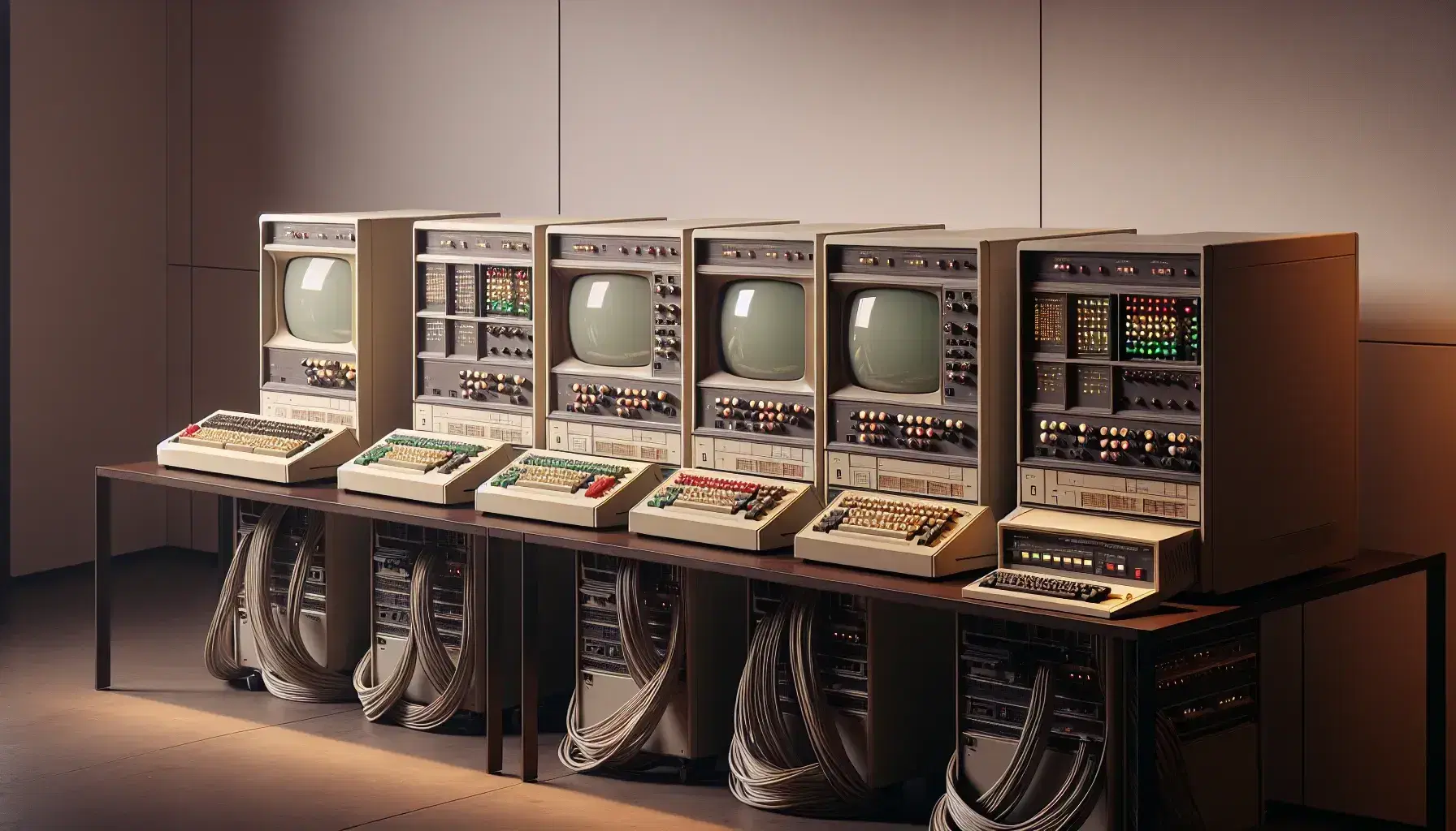 Computadoras vintage de los años 60 y 70 con monitores de tubo de rayos catódicos sobre mesa marrón, botones de colores y cables conectores en fondo claro.