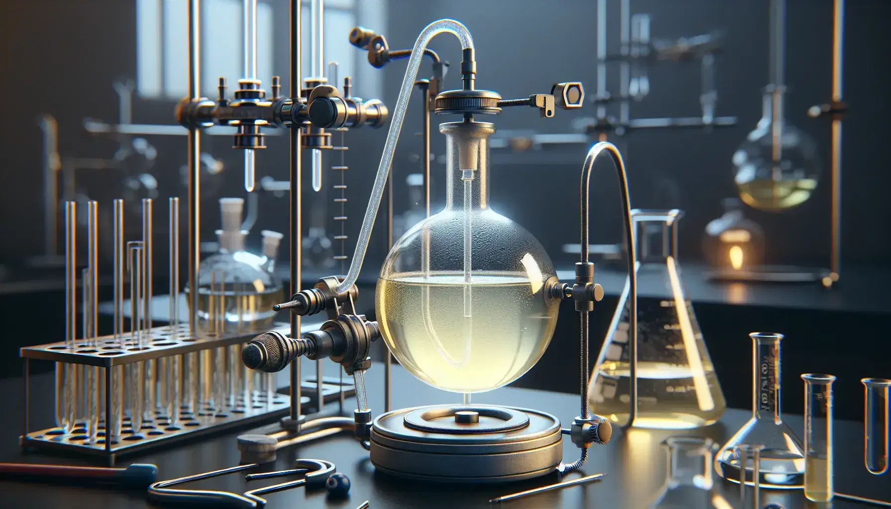 Laboratory with round bottom flask containing pale yellow liquid and magnetic stirrer, Liebig condenser and lit Bunsen burner.