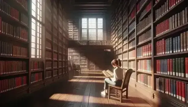 Ragazza con capelli castani legge un libro seduta su una sedia in legno in una biblioteca illuminata naturalmente, con scaffali pieni di libri colorati.