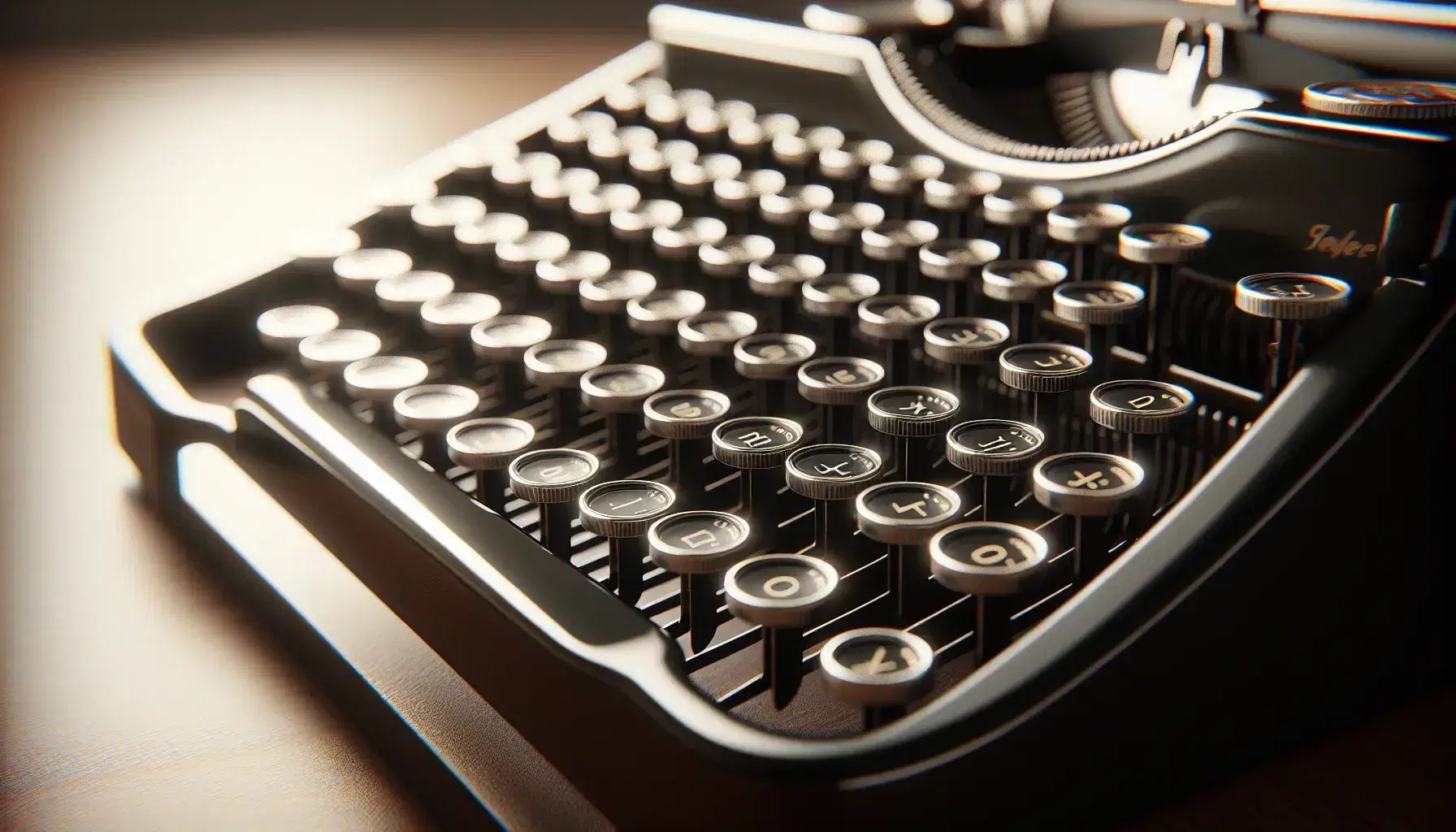 Close-up view of a vintage typewriter's round black keys, set against a cream background on a dark wooden desk, with soft shadows adding depth.