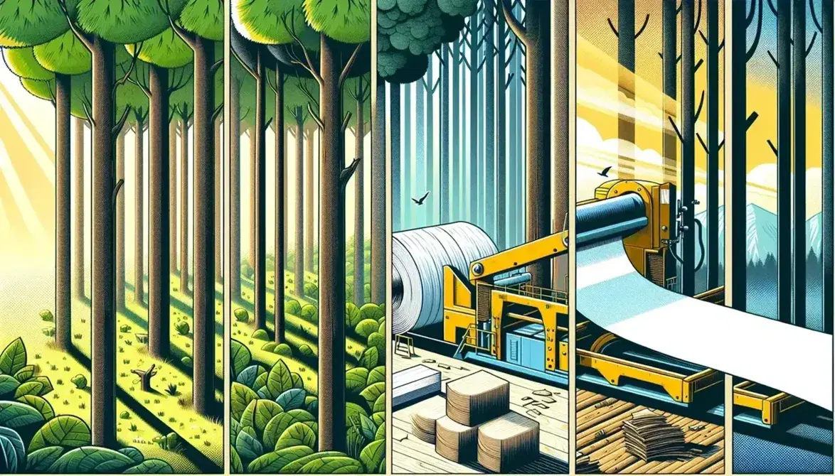 Processo di produzione della carta in cinque fasi: foresta rigogliosa, macchinario giallo per taglio legna, macchina industriale per lavorazione polpa, rullo di carta bianca e pila di fogli su tavolo.