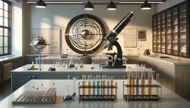 Laboratorio de física moderno con microscopio, tubos de ensayo con líquidos de colores, telescopio astronómico y esfera armilar, sin personas.