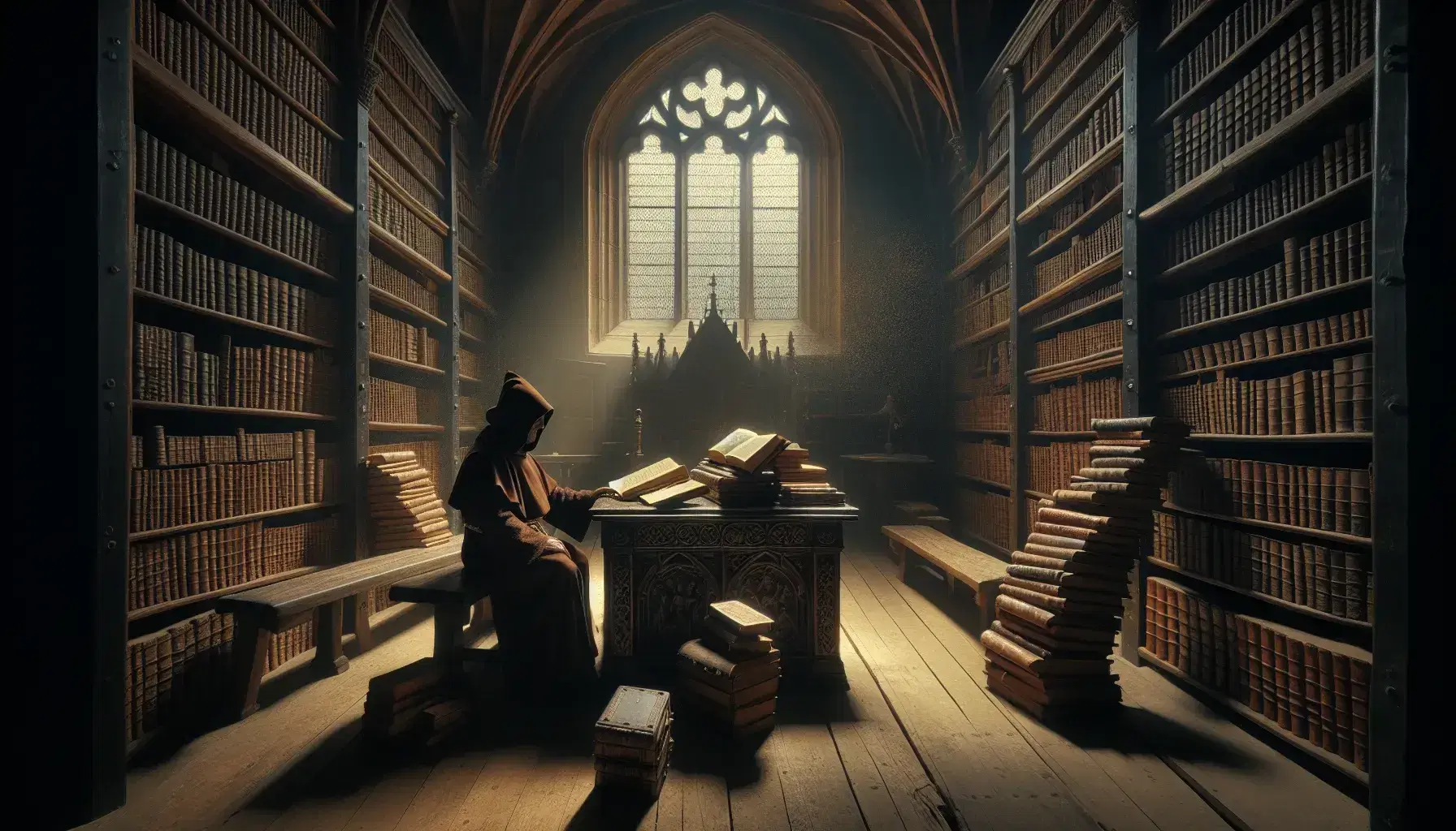 Monje en biblioteca medieval estudiando un libro antiguo sobre atril de madera, con ventana semicircular y estantes llenos de libros al fondo.