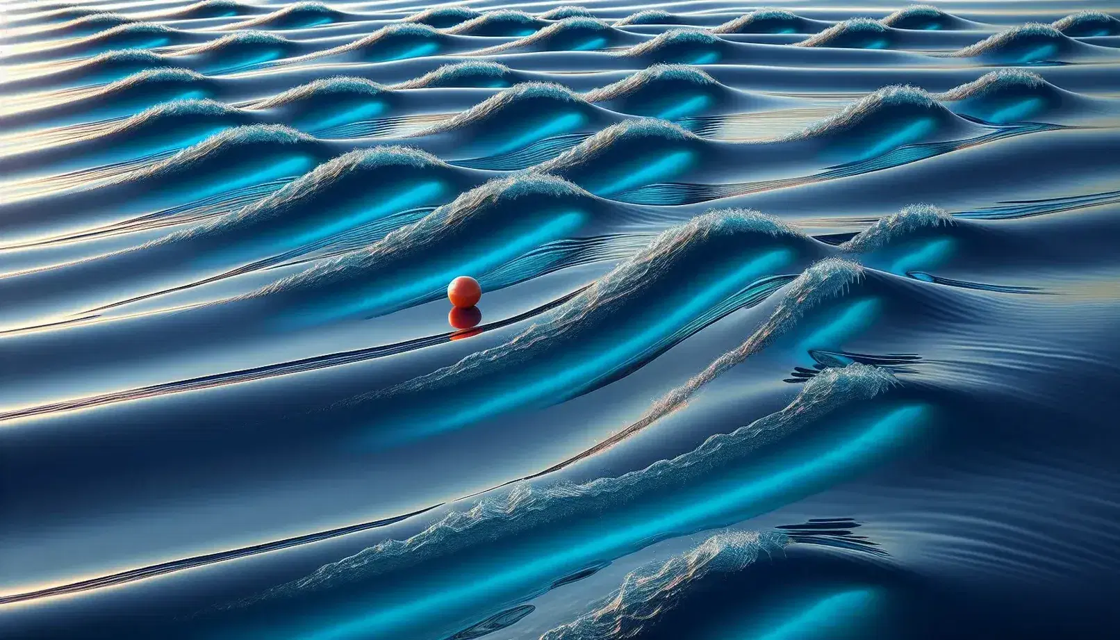 Uniform water waves in a deep blue lake with a solitary orange buoy floating, under a clear sky, highlighting the natural rhythm and tranquility.