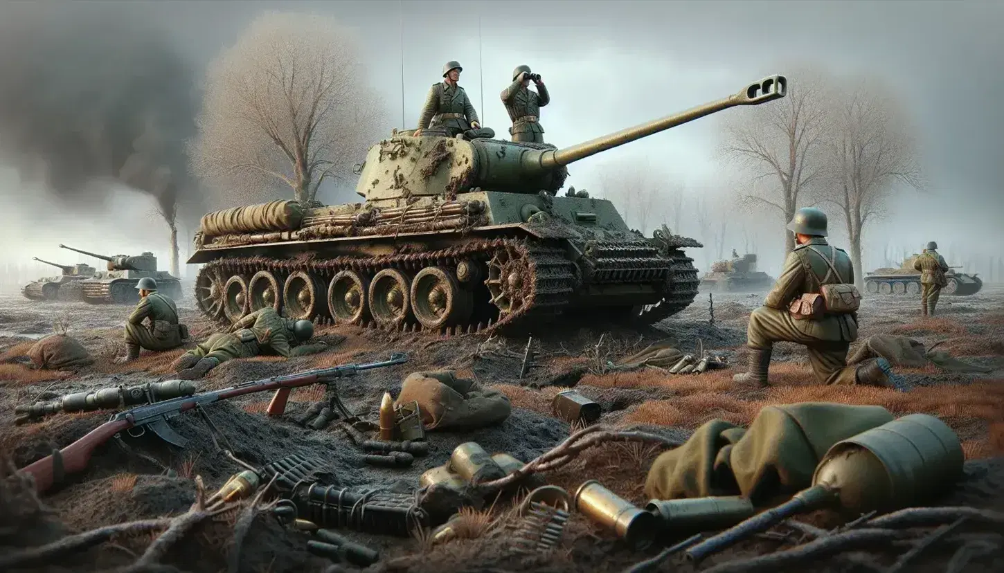 Carro armato della seconda guerra mondiale e soldati in osservazione su terreno battuto con alberi spogli e fumo sullo sfondo.