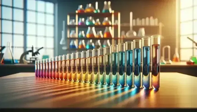 Provette di vetro trasparente con soluzioni colorate in gradazione arcobaleno su banco laboratorio, ambiente sfocato sullo sfondo.