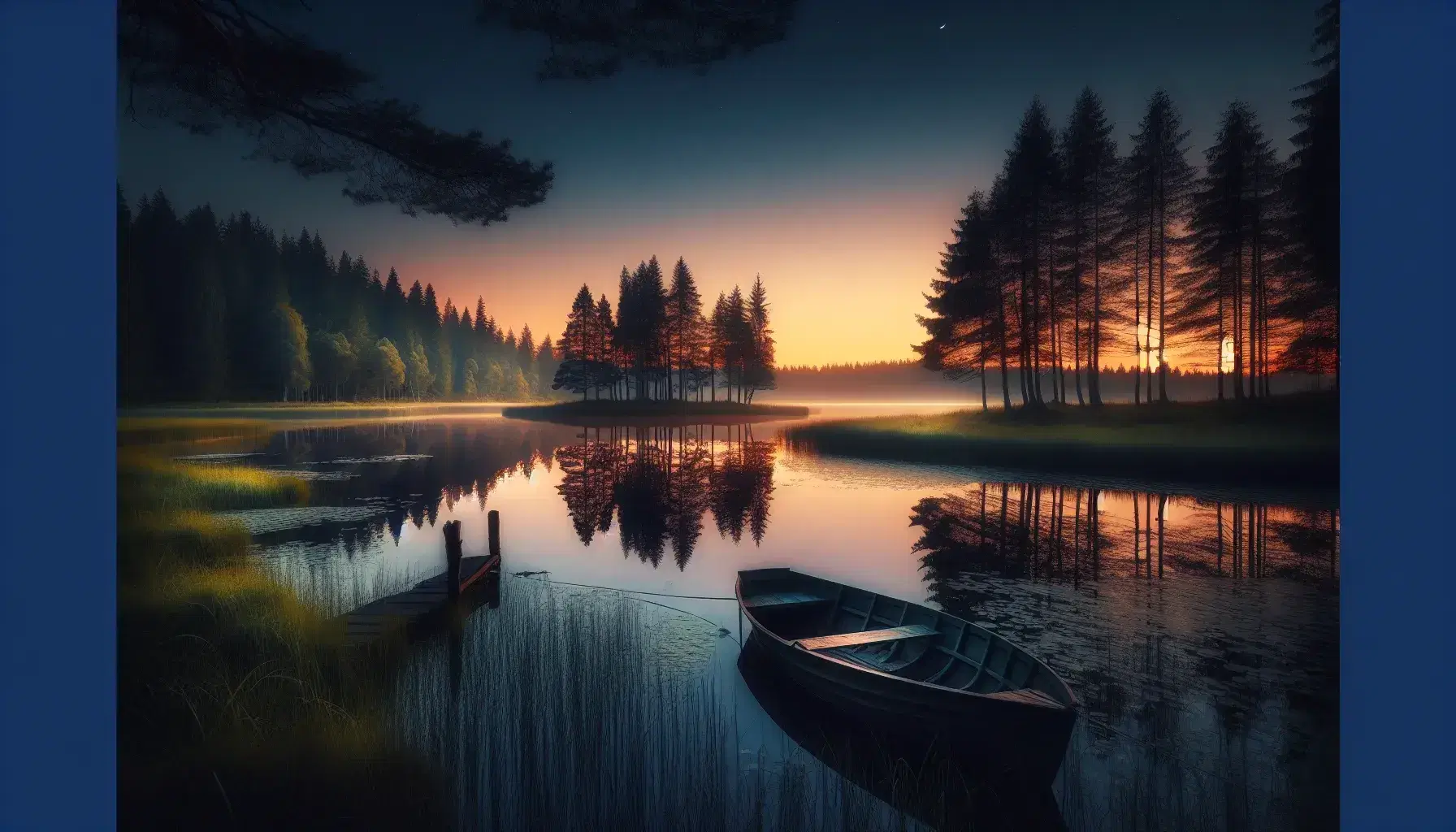 Twilight landscape with a reflective lake, tethered rowboat at a dock, heron by the water's edge, and a gradient sky transitioning from orange to blue.