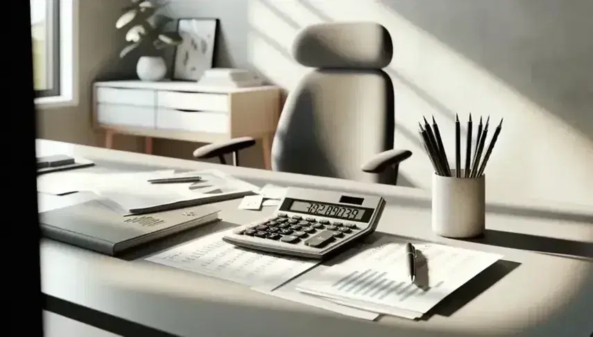 Escritorio moderno de oficina con calculadora gris, papeles con gráficos, bolígrafos y planta verde, reflejando profesionalismo y organización contable.