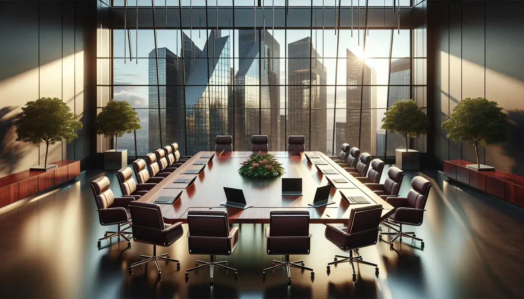 Elegant boardroom with a large oval wooden table, burgundy leather chairs, modern laptops, and a city skyline view through a floor-to-ceiling window.