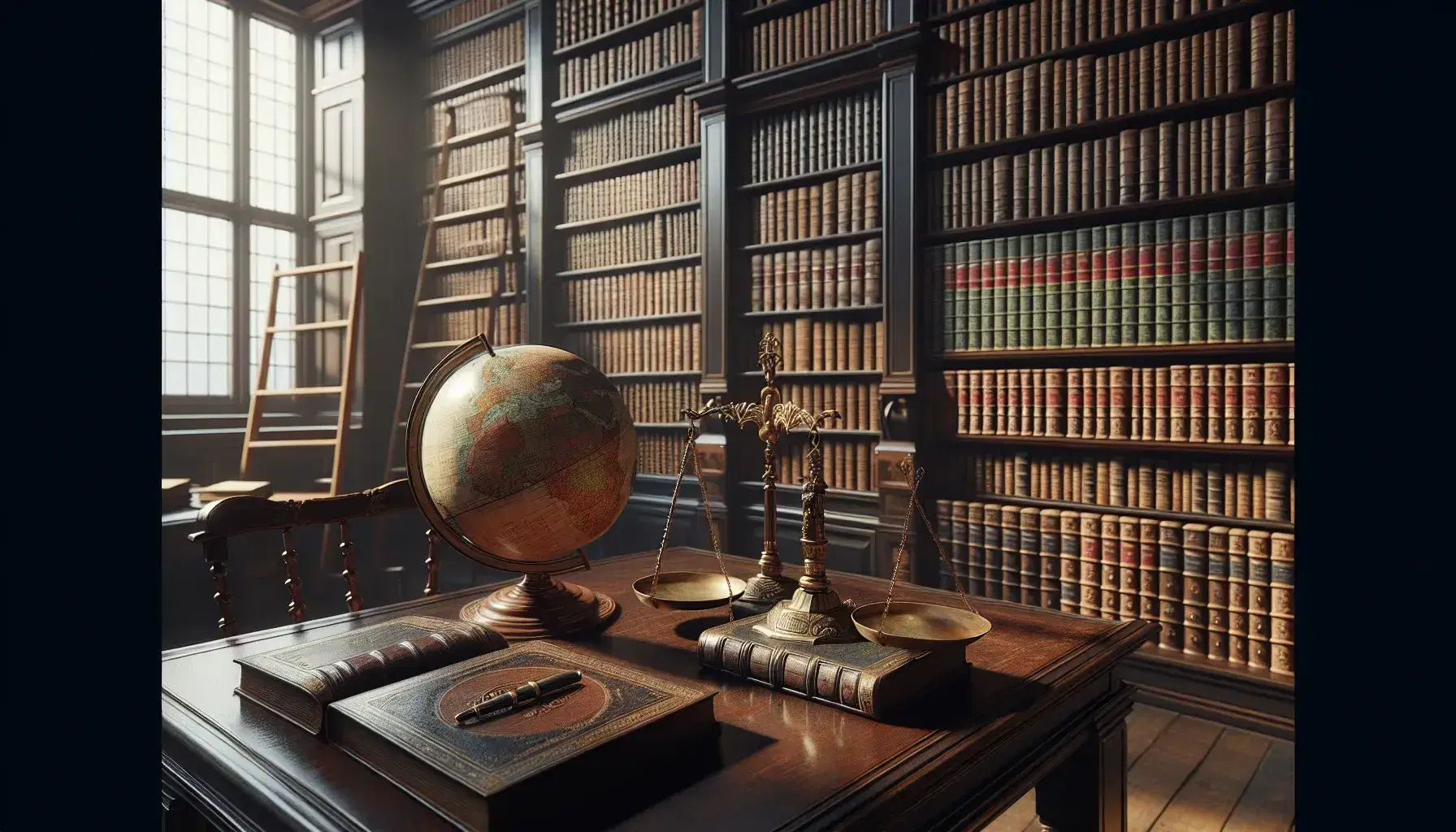 Biblioteca clásica con estanterías de madera oscura llenas de libros encuadernados en cuero, globo terráqueo antiguo y balanza de justicia de bronce sobre mesa, luz natural por ventana alta.